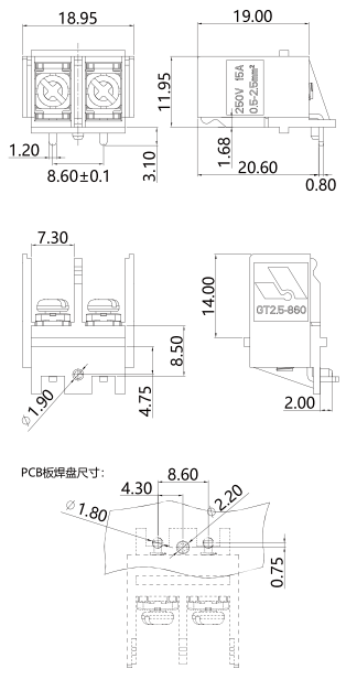 栅板式端子台GT2.5-860-02P图纸