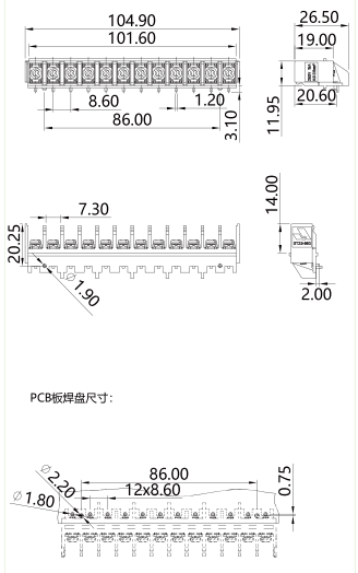 栅板式端子台GT2.5-860-12P图纸