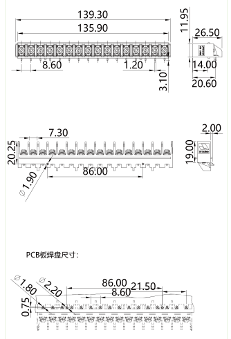 栅板式端子台GT2.5-860-16P图纸